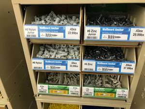 6 BINS WITH CABINET, ASSORTED ANCHORS
