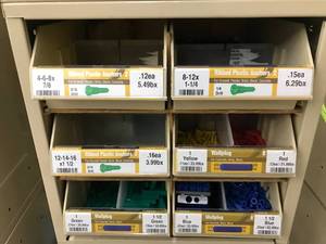 6 BINS WITH CABINET, ASSORTED ANCHORS