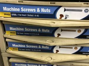 3 BIN CABINET WITH ASSORTED MACHINE SCREWS AND NUTS
