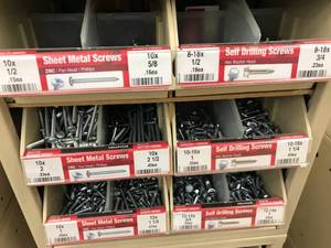 6 BIN CABINET WITH ASSORTED SHEET METAL SCREWS