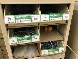 4 BINS WITH CABINET AND ASSORTED WOOD SCREWS