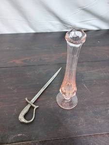 lot 8 image: Pink Depression Glass Vase And Sword Letter Opener from GAR