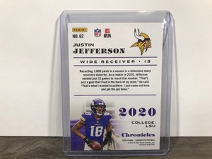 lot 329 image: 2020 JUSTIN JEFFERSON Panini Chronicles Base Rookie Card #62 Vikings RC
