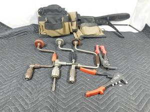 lot 218 image: Tool belt, 3 antique hand drills, 2 ribbet guns