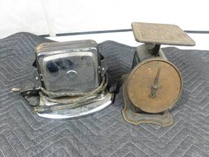 lot 220 image: Antique columbia Family Scale and antique toaster