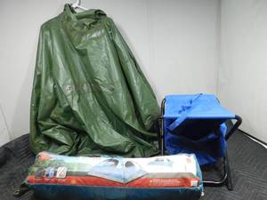 lot 281 image: Tent, xLG rain poncho, folding camping stool