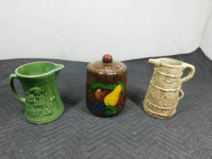 lot 284 image: 2 Vintage stoneware pitchers and cookie jar