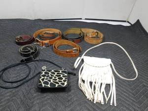lot 297 image: Steve Madden white purse, 5leather belts, Kolter Collection leopard purse