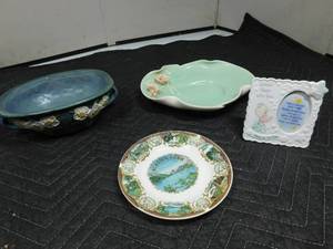 lot 299 image: Roseville dish, hand made Calif tray precious moment frame, collectors plate