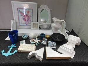 lot 310 image: 2 boxes of dcor and shelves and brackets