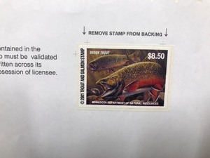 lot 417 image: 5 trout and 1 walleye unsigned Minnesota fishing stamps