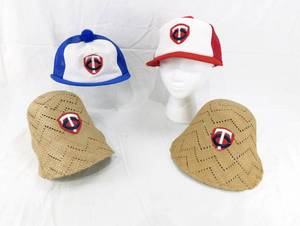 lot 17 image: Lot of 4 Vintage Minnesota Twins Hats - 2 Mesh Snapback Short Bill Pom Baseball Hat and 2 1970s Wicker Straw Hat