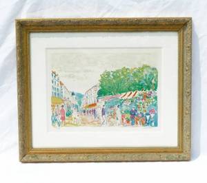 lot 15 image: Vintage Signed and Numbered French Artis Jean-Claude Picot French Riviera-Cannes, Marche aux Fleurs Lithograph