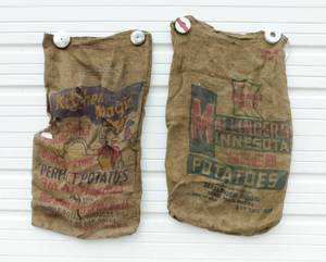 lot 128 image: Lot of 2 Vintage Kitchen Magic and Mallingers Minnesota Potato Sacks