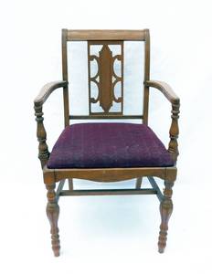 lot 141 image: Vintage Wood Armchair with Maroon Fabric Seat