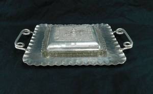 lot 154 image: Vintage 1950s Cromwell Hand Wrought Aluminum Serving Tray with Glass Serving Bowl and Aluminum Cover