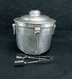 lot 155 image: Vintage MCM Hammered Aluminum Italian Ice Bucket with Tongs