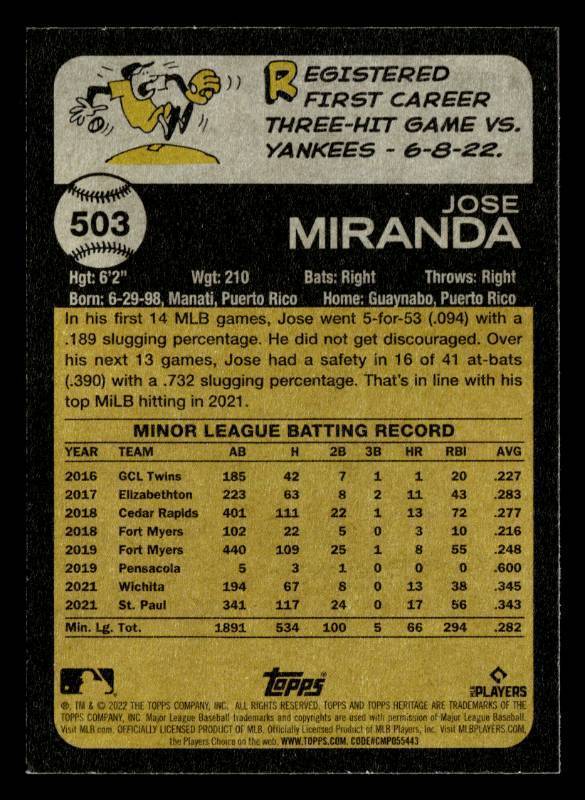 lot 3 image: 2022 Topps Heritage Jose Miranda Rookie Card #503