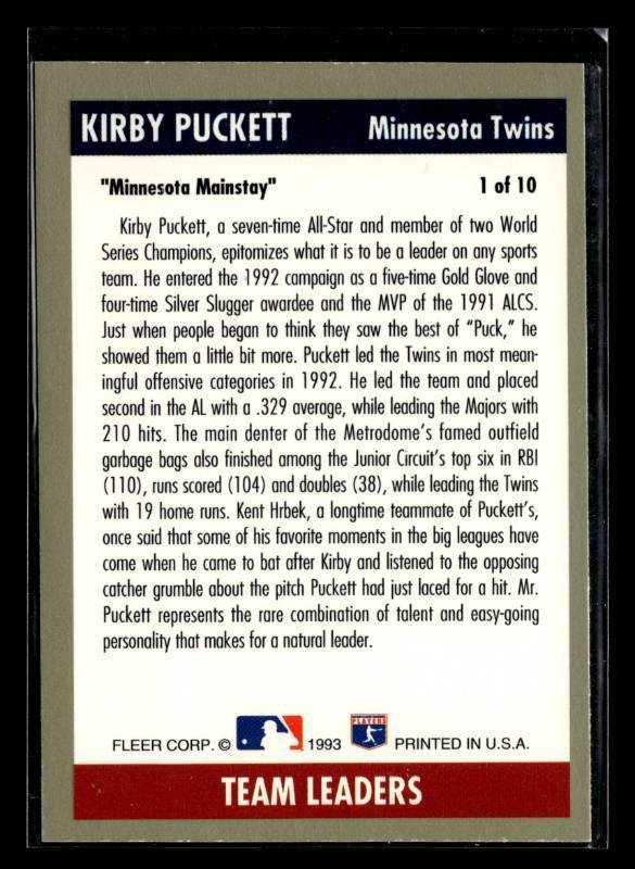 lot 45 image: 1993 Fleer Team Leaders Kirby Puckett #1