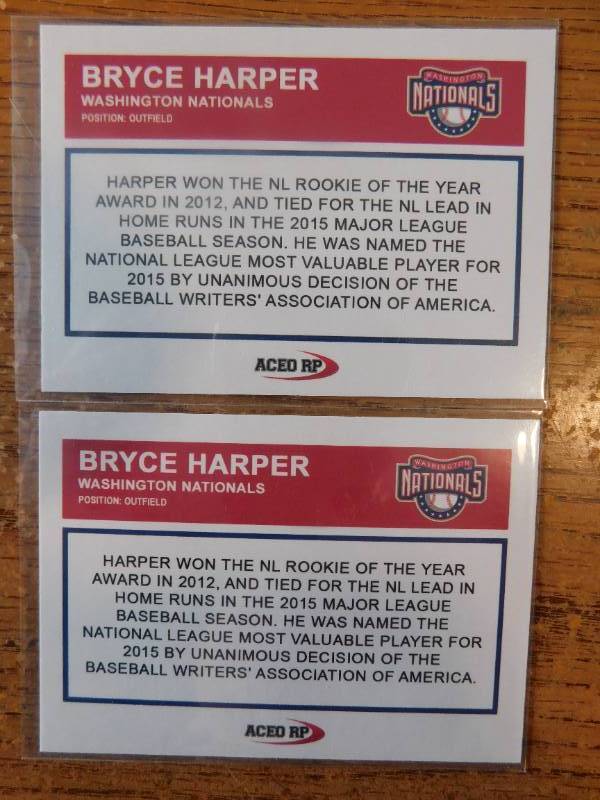 lot 47 image: (2) 2015 ACEO RP Bryce Harper Rookie Cards