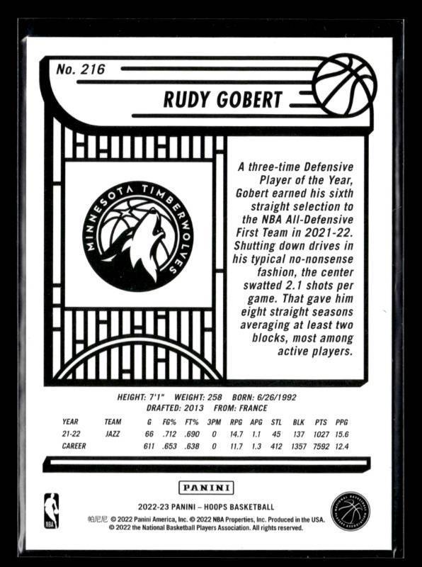lot 85 image: 2022 NBA Hoops Artist Proof Rudy Gobert Serial #1525