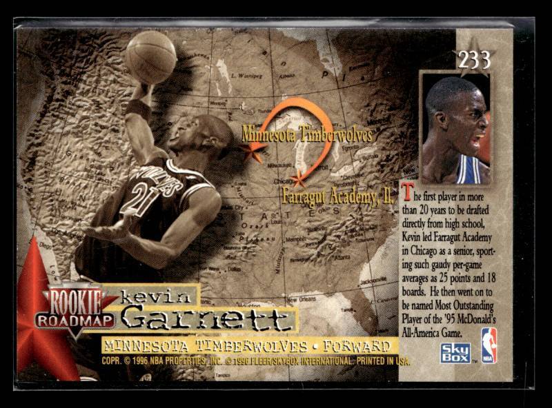 lot 89 image: 1995 Skybox Kevin Garnett Rookie Card #233