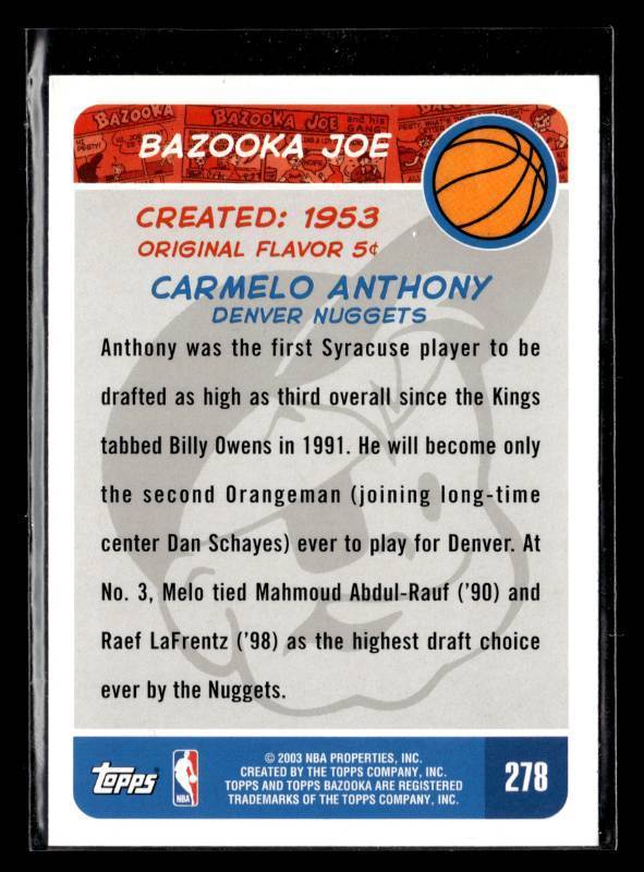 lot 94 image: 2003 Bazooka Carmelo Anthony Rookie Card #278