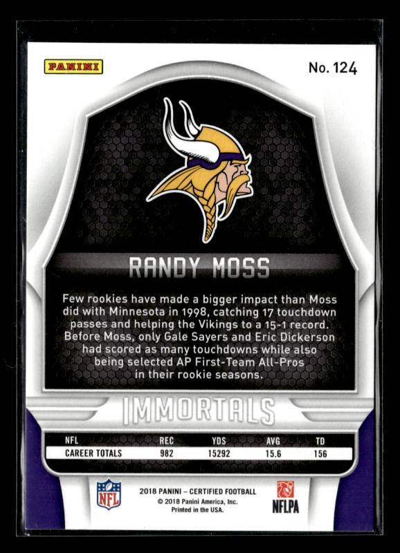 lot 95 image: 2018 Certified Immortals Randy Moss #124 Serial #052499