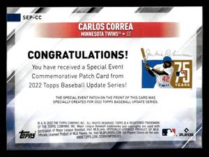 lot 56 image: 2022 Topps Carlos Correa Commemorative Patch Card of Jackie Robinson Day.