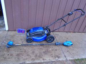 Kobalt 40 volt cordless push mower with 40 volt trimmer. Both lightly used. Both test & works. No guard on trimmer. No battery or charger. As shown.