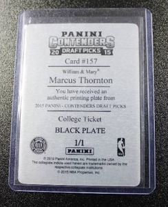 lot 67 image: 2015 Contenders Draft Marcus Thornton #157 Autograph Printing Plate Black 11  Only 1 Exist