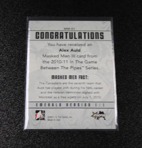 lot 133 image: 2010-11 In The Game Masked Men III Emerald Alex Auld 11  Only 1 Exist