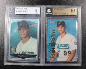 lot 254 image: 1999 Josh Beckett Fleer Update #U122 & Upper Deck Victory #138 PSA 8 Rookie Card Lot