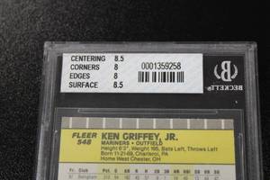 lot 400 image: 1989 Fleer Ken Griffey Jr. #548 Rookie Card BGS 8