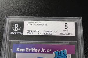 lot 404 image: 1989 Donruss Ken Griffey Jr. #33 Rookie Card BGS 8
