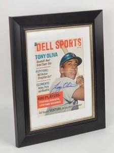 lot 254 image: Nicely Framed Dell Sports Magazine Autographed by Minnesota Twins HOF Great Tony Oliva