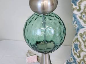lot 239 image: (2) Elegant Turquoise Glass Tables Lamps with Throw Pillow