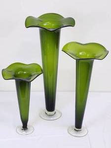 lot 241 image: Stunning (3) Piece Hand Blown Green Glass Vase Set