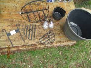Large plastic outdoor barrel-look planter plus