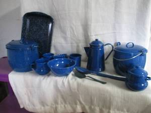 Blue metal enamel camping cookware