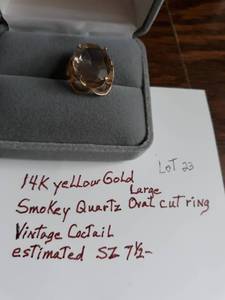 14k yellow.gold smokey quartz large oval cut vintage cocktail ring estimated size 7 12