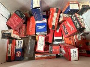 lot 39 image: Box Full of Small Vintage Auto Parts