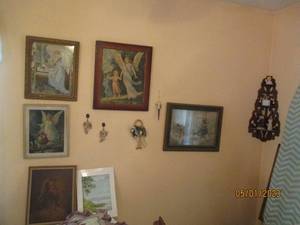 lot 142 image: Corner wood Wall shelf, framed ange...