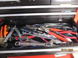 lot 37 image: pliers, Wrenches, tin snips and other cutting supplies .