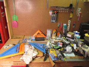 lot 50 image: measuring squares, drill bits, scissors, bench vises, glues, chalk and so much more
