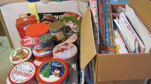 lot 270 image: Christmas tins, wrapping paper, etc...