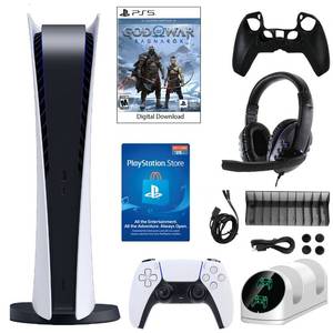 lot 1 image: Sony PlayStation 5 Digital Edition Console Bundle God of War Ragnarok Digital Download Voucher and Accessories Kit