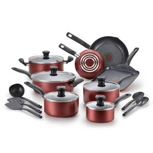 lot 156 image: New - Sealed T-fal Initiatives 18-Pc. Nonstick Aluminum Cookware Set - Red ((MSRP $
