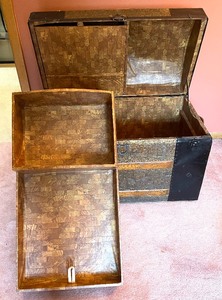 lot 161 image: Vintage Embossed Metal and Wood Trunk with Organizing Insert