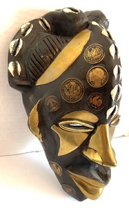 lot 184 image: Wooden Mask with Brass and Coin Accents
